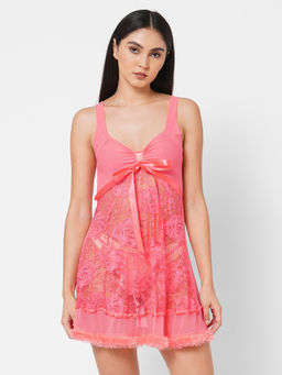 Sweet Dreams - Pink Solid Semi-Sheer Net Baby Doll with Thong (Pack of 2)