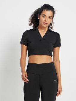 CLOTHWIK - Black Polyester Solid Polo T-Shirt