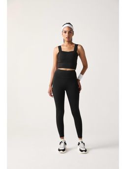 Sawsee - Black Polyester Crepe Solid Sports Bra with Tights