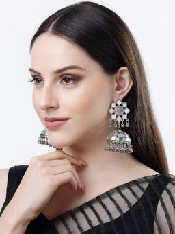 NVR - Women Silver Mirror Oxidised Brass-Plated Jhumka Earrings