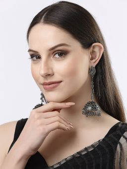 NVR - Women Black Oxidised Brass-Plated Jhumka Earrings