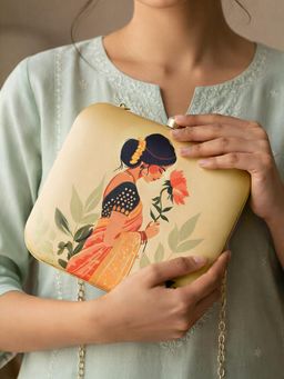 ARTKLIM - Beige Based Indian Woman In Saree Printed Clutch with Detachable Chain