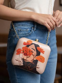 ARTKLIM - Flower Girl Portrait Printed Clutch with Detachable Chain