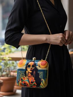 ARTKLIM - Glamourous Girl Portrait Printed Clutch with Detachable Chain
