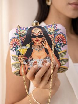 ARTKLIM - Glam Girl Portrait Printed Clutch with Detachable Chain