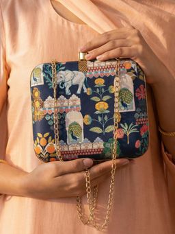 ARTKLIM - Blue Theme Botanic Portrait Printed Clutch with Detachable Chain