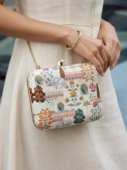ARTKLIM - White Theme Botanic Portrait Printed Clutch with Detachable Chain