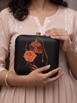 ARTKLIM - Floral Woman Face Portrait Printed Clutch with Detachable Chain