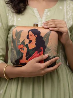 ARTKLIM - Beige Indian Woman Portrait Printed Clutch with Detachable Chain