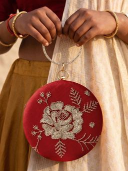 ARTKLIM - Red Floral Embroidered Round Clutch with Detachable Chain