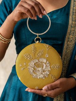 ARTKLIM - Mustard Yellow Floral Embroidered Round Clutch with Detachable Chain