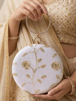 ARTKLIM - White White Floral Round Clutch with Detachable Chain