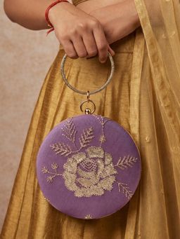 ARTKLIM - Lavender Floral Embroidered Round Clutch with Detachable Chain