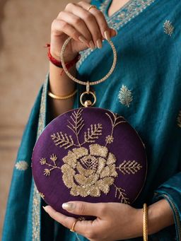 ARTKLIM - Deep Violet Floral Round Clutch with Detachable Chain