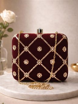 ARTKLIM - Dark Maroon Based Sequins Embroidery Clutch with Detachable Chain