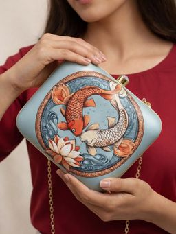 ARTKLIM - Light Blue Based Koi Fish Printed Clutch with Detachable Chain