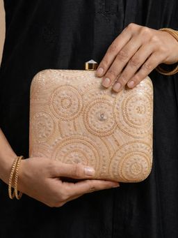 ARTKLIM - Beige Based Sequins And Threadwork Embroidery Clutch with Detachable Chain
