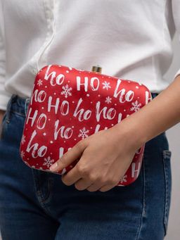 ARTKLIM - Red Based Christmas Hohoho Printed Clutch with Detachable Chain