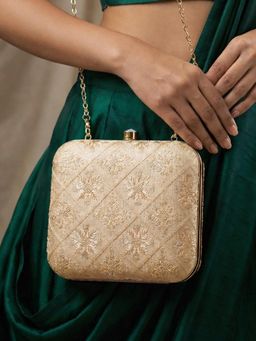 ARTKLIM - Golden Based Sequins Embroidery Clutch with Detachable Chain