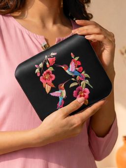 ARTKLIM - Black Based Bird And Flowers Printed Clutch with Detachable Chain