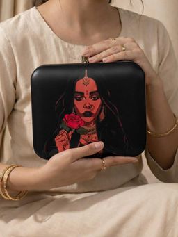 ARTKLIM - Indian Women With Rose Printed Clutch with Detachable Chain