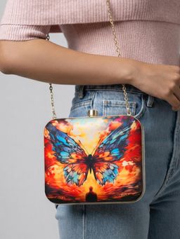 ARTKLIM - Multicoloured Butterfly Printed Clutch with Detachable Chain