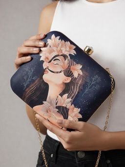 ARTKLIM - Peach Floral Women Portrait Printed Clutch with Detachable Chain
