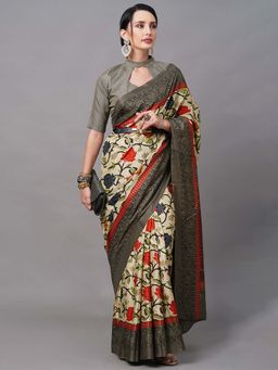 Akhilam - Women Manipuri Silk Cream Printed Designer Saree with Unstitched Blouse