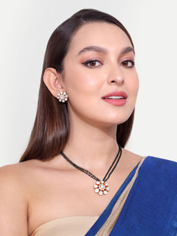 Abdesigns - Gold Plated Flowe Polki Black Beaded Mangalsutra and Earrings & Earrings