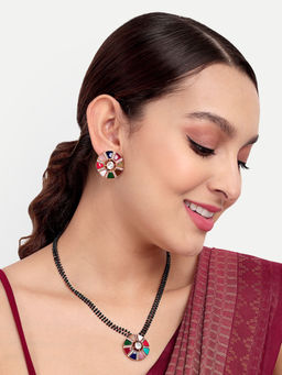 Abdesigns - Gold Plated Black Beaded Navratna Polki & Diamond Mangalsutra and Earrings