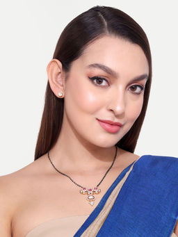 Abdesigns - Gold Plated Black Beaded and Pink Kundan Polki Diamond Mangalsutra & Earrings