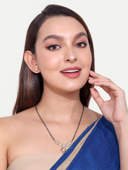 Abdesigns - Gold Plated Black Beaded and White Kundan Polki Diamond Mangalsutra & Earrings