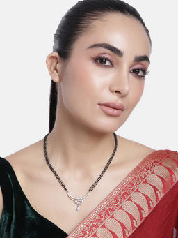 Abdesigns - Silver Plated American Diamond and Black Beaded Mangalsutra