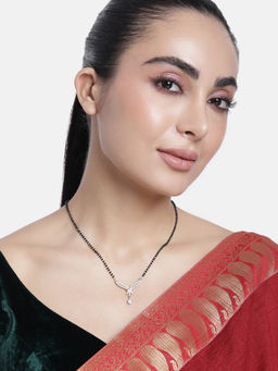 Abdesigns - Silver Plated American Diamond and Black Beaded Mangalsutra