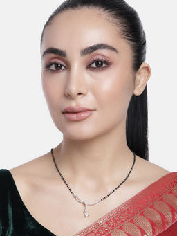 Abdesigns - Silver Plated American Diamond and Black Beaded Mangalsutra