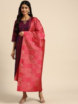 Gerua By Libas - Purple Solid Silk Blend Straight Kurta (Set of 3)