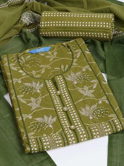 Kami Kubi - Women Cotton Green Floral Unstitched Kurta with Pant and Dupatta