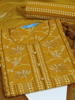 Kami Kubi - Women Cotton Yellow Floral Unstitched Kurta with Pant and Dupatta