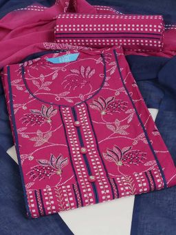Kami Kubi - Women Cotton Pink Floral Unstitched Kurta with Pant and Dupatta