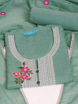 Kami Kubi - Women Cotton Blue Embroidered Unstitched Kurta with Pant and Dupatta