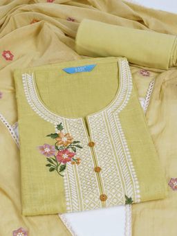 Kami Kubi - Women Cotton Yellow Embroidered Unstitched Kurta with Pant and Dupatta