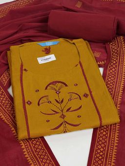 Kami Kubi - Women Cotton Yellow Embroidered Unstitched Kurta with Pant and Dupatta