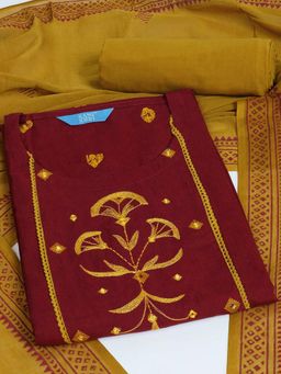 Kami Kubi - Women Cotton Red Embroidered Unstitched Kurta with Pant and Dupatta