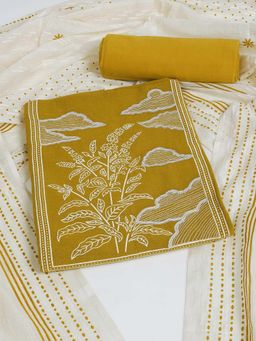 Kami Kubi - Women Cotton Yellow Embroidered Unstitched Kurta with Pant and Dupatta