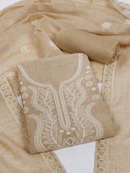 Kami Kubi - Tussar Silk Embroidered Beige Unstitched Kurta with Unstitched Pant and Dupatta
