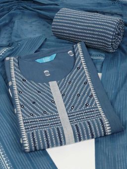 Kami Kubi - Embroidered Blue Unstitched Kurta with Unstitched Pant and Dupatta