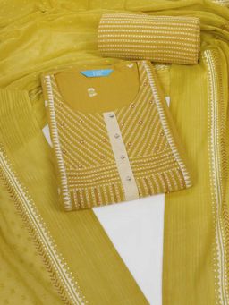 Kami Kubi - Embroidered Yellow Unstitched Kurta with Unstitched Pant and Dupatta