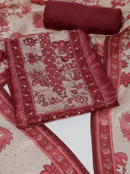 Kami Kubi - Maroon Floral Printed Pearl Work Unstitched Kurta with Bottom and Dupatta