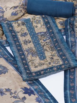 Kami Kubi - Blue Floral Printed Pearl Work Unstitched Kurta with Bottom and Dupatta