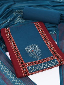 Kami Kubi - Maroon Floral Printed Sequined Unstitched Kurta with Bottom and Dupatta